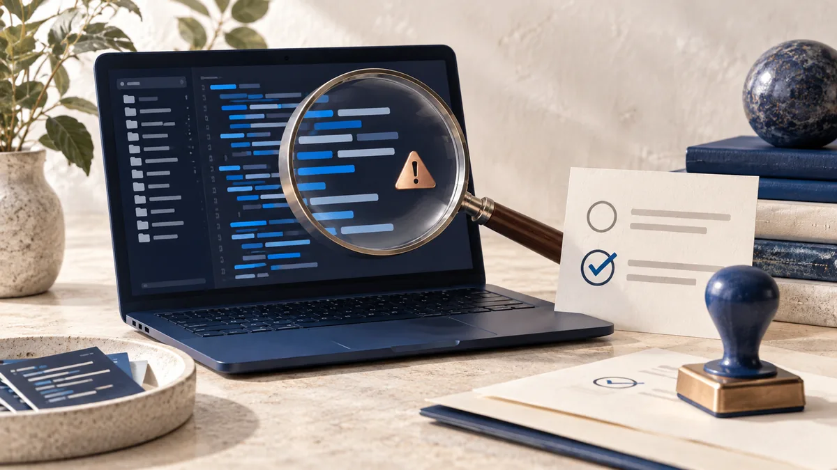 Editorial illustration of a laptop, magnifying lens and review card for open-source vulnerability findings.