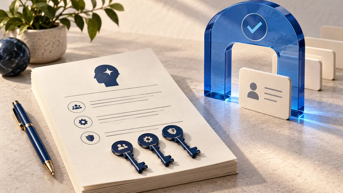 Editorial illustration of a policy document, permission keys and a blue approval gate.