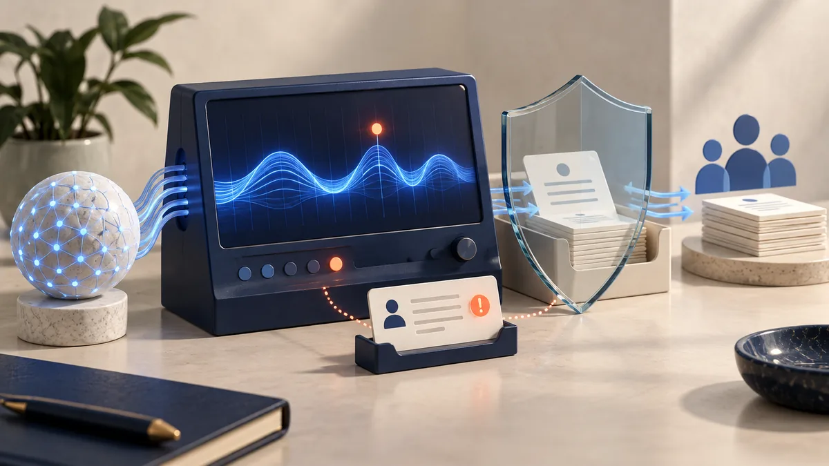 Editorial illustration of a cyber monitoring console, alert, glass shield and output review card.