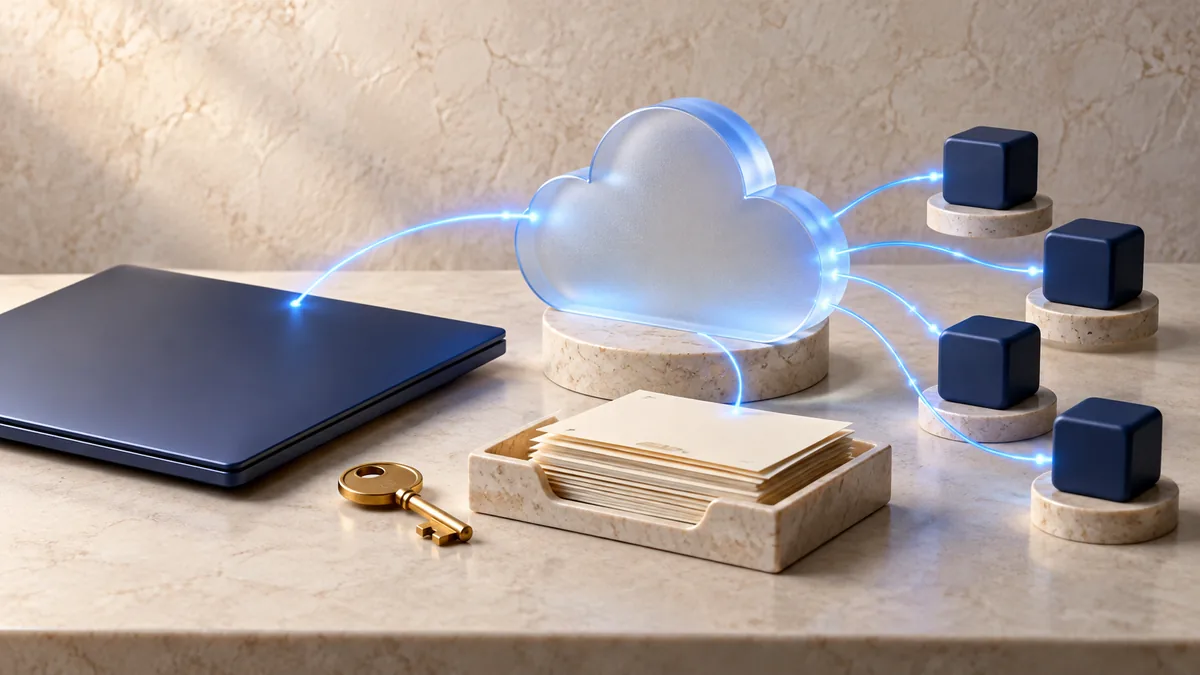 Editorial illustration of a closed laptop connected to a cloud, task blocks and a permission key.