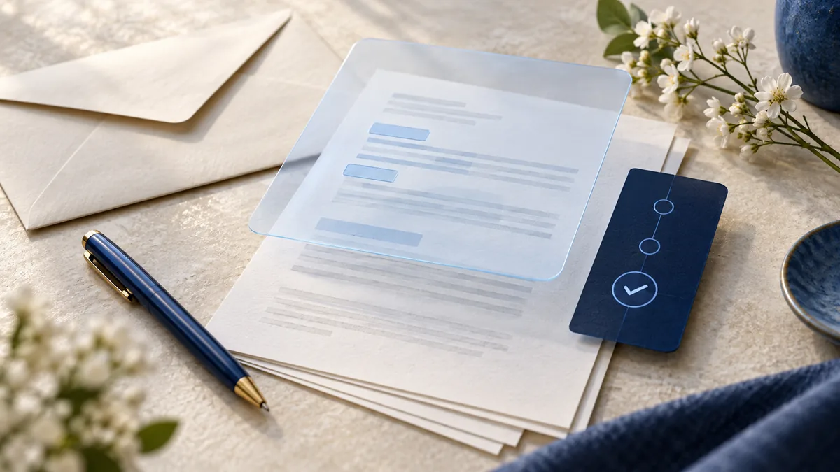 Editorial illustration of papers, envelopes, flowers and a blue confirmation tab for sensitive document review.