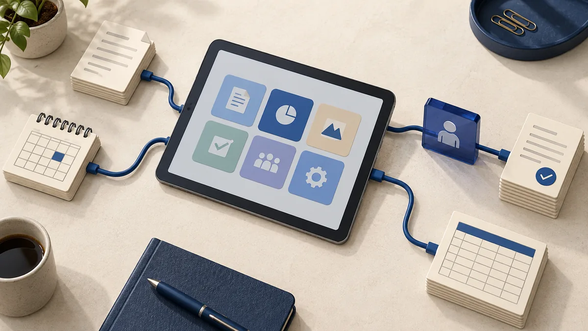 Editorial illustration of a tablet connected to documents, a calendar and a ledger through a review gate.
