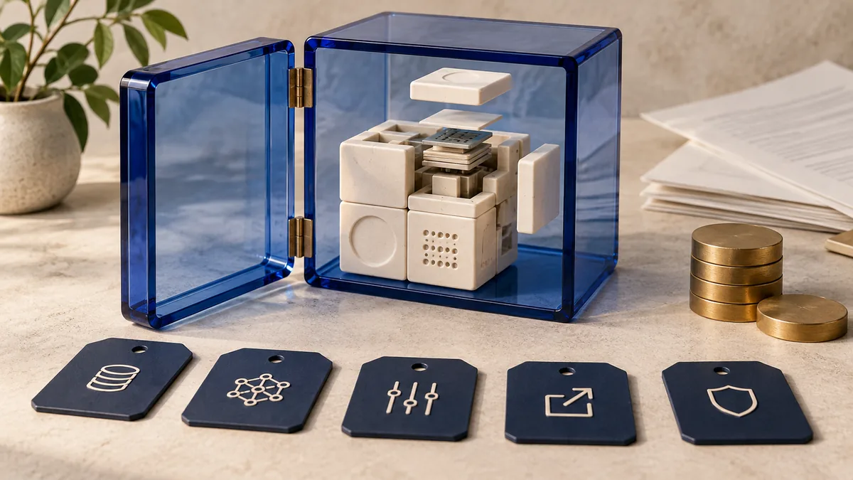 Editorial illustration of an open modular computing enclosure, evaluation tabs and investment tokens.